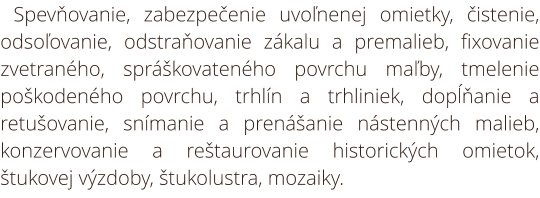 Reštaurovanie nástenných malieb. Spevňovanie, zabezpečenie uvoľnenej omietky, čistenie, odsoľovanie, odstraňovanie zákalu a premalieb, fixovanie zvetraného, spráškovateného povrchu maľby, tmelenie poškodeného povrchu, trhlín a trhliniek, dopĺňanie a retuš